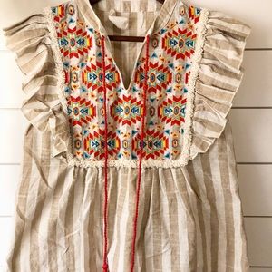 Savannah Jane Embroidered Aztec Tribal Print Striped with Ruffle Sleeves